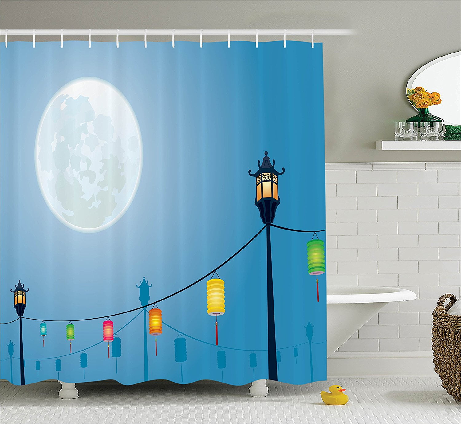 lantern decor collection, celebration under moonlight with chineselantern decor collection, celebration under moonlight with chinese lanterns fall asian style graphic art , polyester fabric bathroom shower curtain,